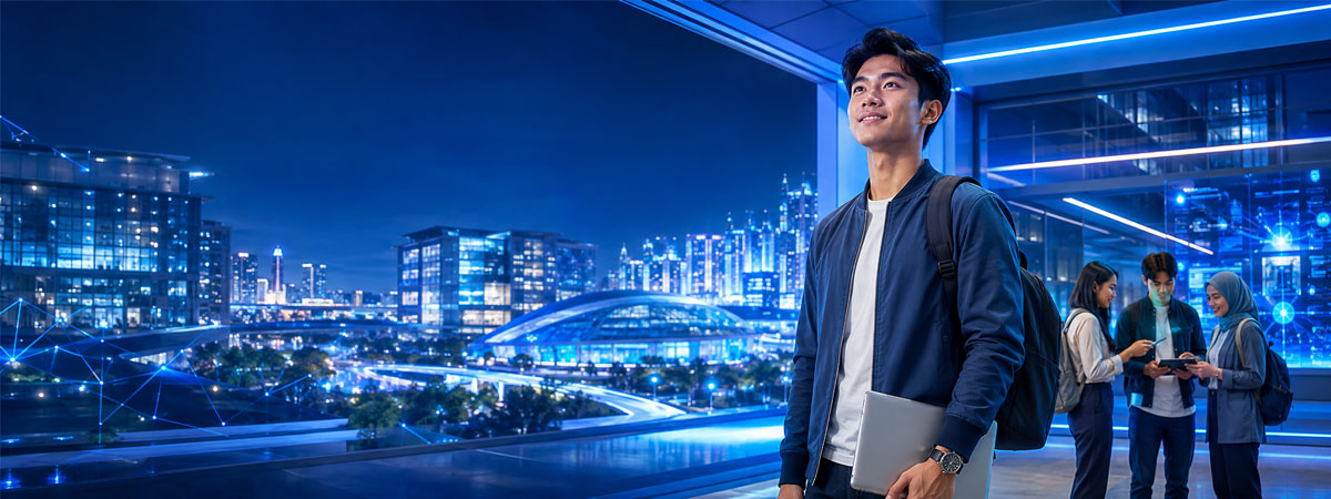 Graduate looking over a city skyline